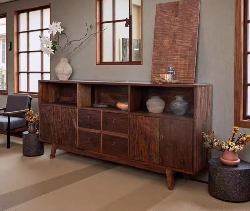 古いニレ、サイドキャビネット、侘び、複数の引き出し、収納、収納、壁際の家庭用家具