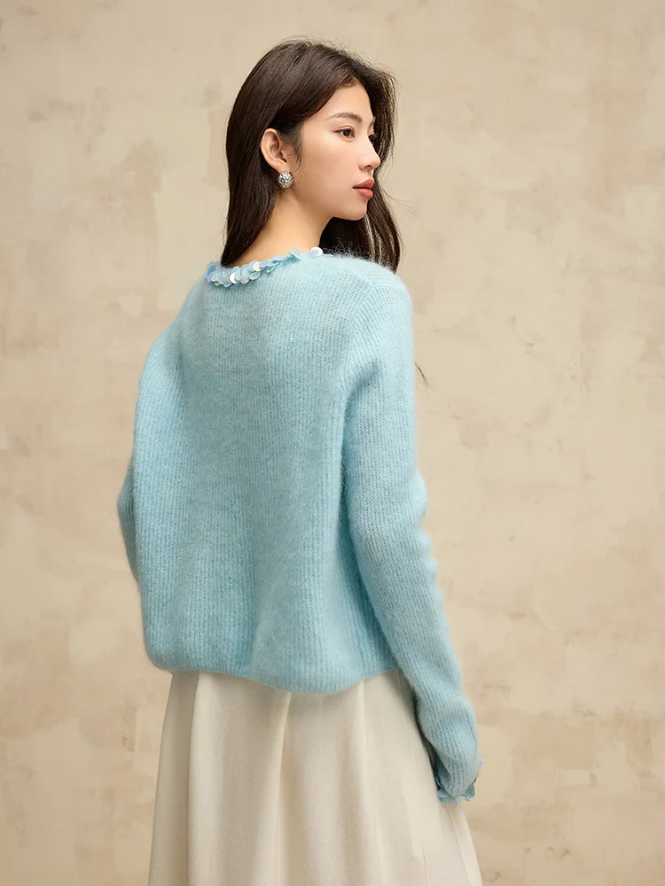 SuyaDream, Mohair Cardigans For Woman, Wool Blend, Beading Round Collar, Solid Sweaters, 2024 Fall Winter Jackets, Blue, Pink