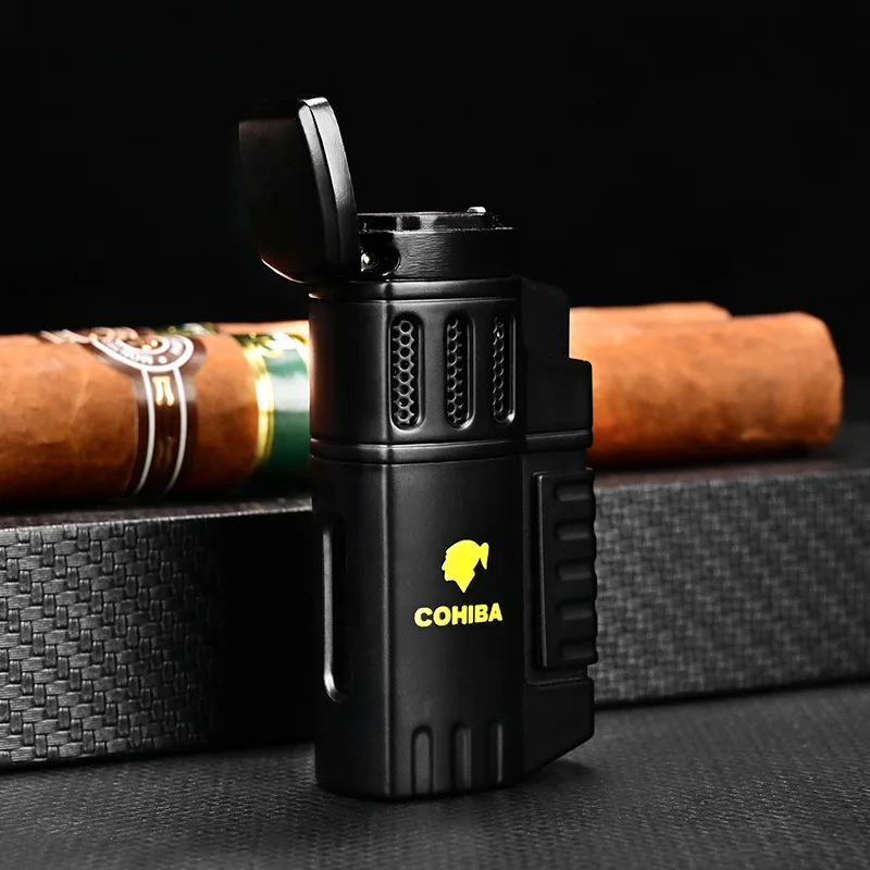 COHIBA-Windproof Spray Flame Isqueiro, Janela Visível Inflável, Isqueiro a Gás Portátil, Presente dos homens, Acessórios para fumar, Charuto 4 Tocha