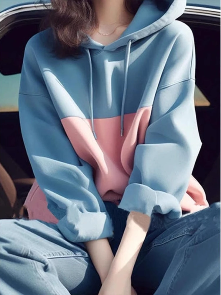 

Модные милые толстовки в стиле пэчворк контрастного цвета с длинным рукавом, универсальные повседневные свободные толстовки, весенне-осенняя женская одежда 2025