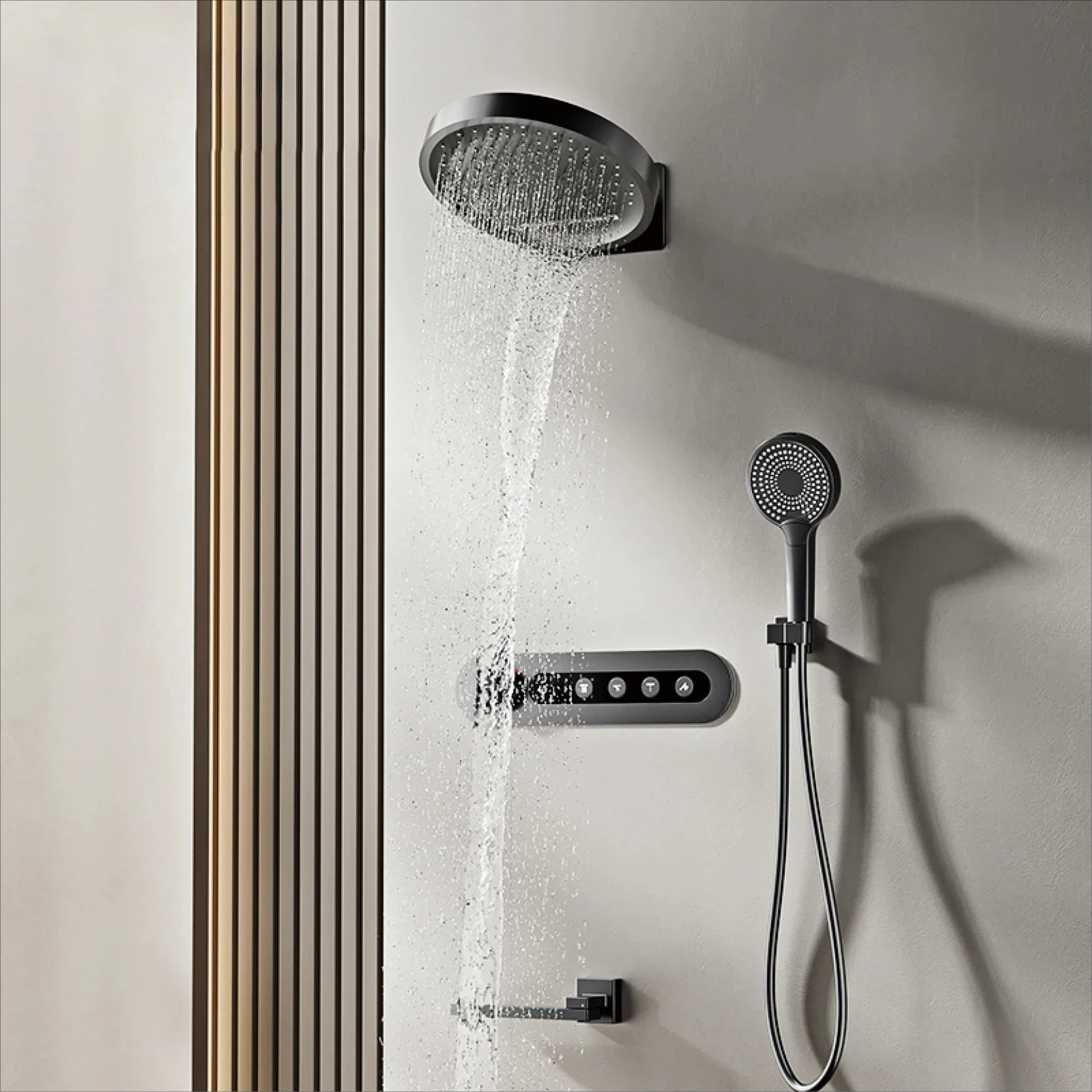 Luxury round gun gray brass shower system intelligent digital display with four functions cold and hot dual control shower Tap