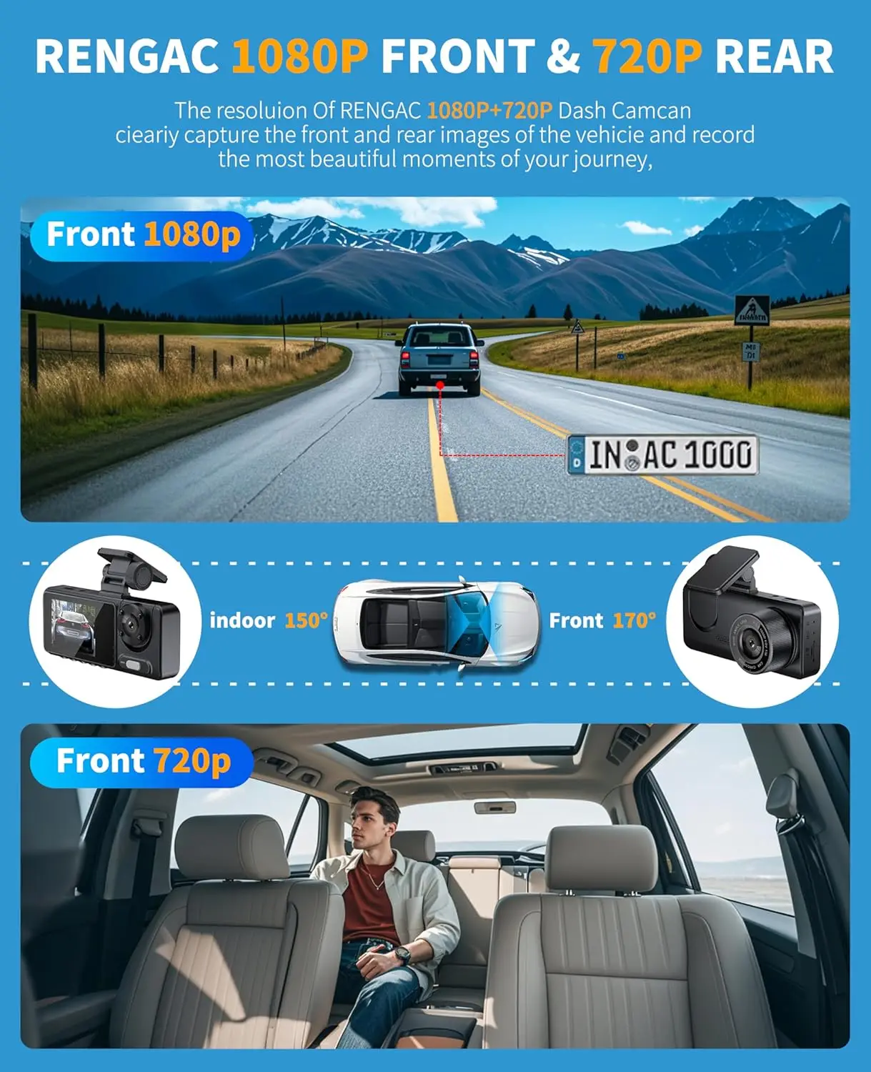 كاميرا سيارة واي فاي مزدوجة القناة، 2.0 بوصة IPS، التحكم في التطبيقات، مستشعر G، تسجيل الحلقة، 170 ° زاوية واسعة، رؤية ليلية، وضع ركن السيارة #3