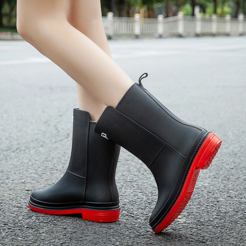 Fashion Rubber Boots for Women Rain Galoshes Waterproof Work Garden PVC Mid Calf Boots Female Non Slip Kitchen Shoes Footwear