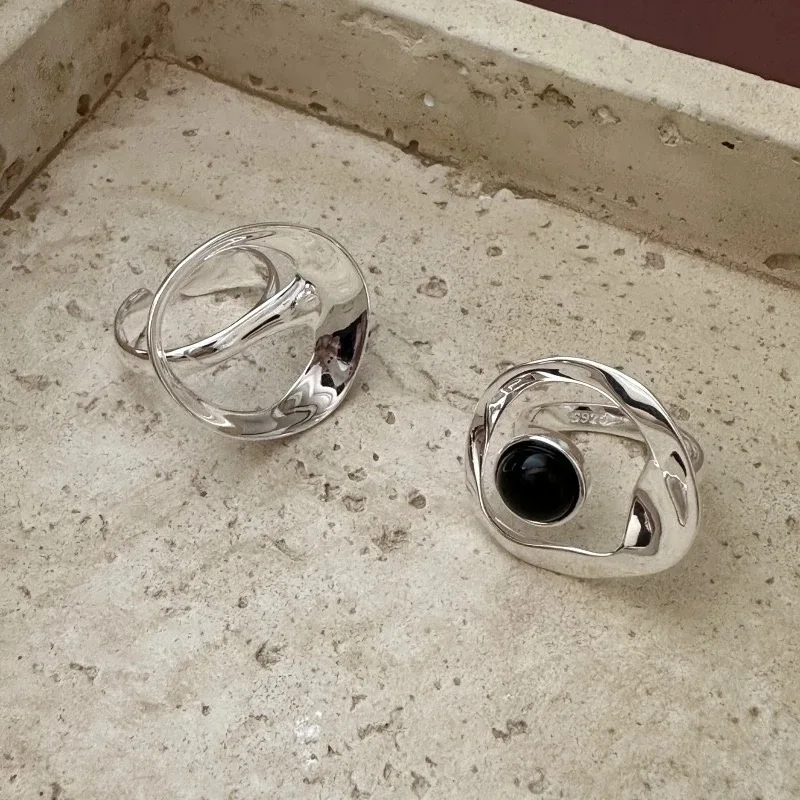 925 Sterling Silver Rings For Women Geometric Fine Jewelry Finger Adjustable Vintage Circle Black Beads Ring For Birthday Gift