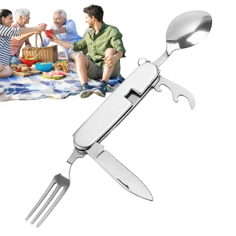 Outdoor Tableware Set Spoon Fork Knife Bottle Opener Stainless Steel 4 in 1 Stainless Steel Pocket Sets For Hiking Travel