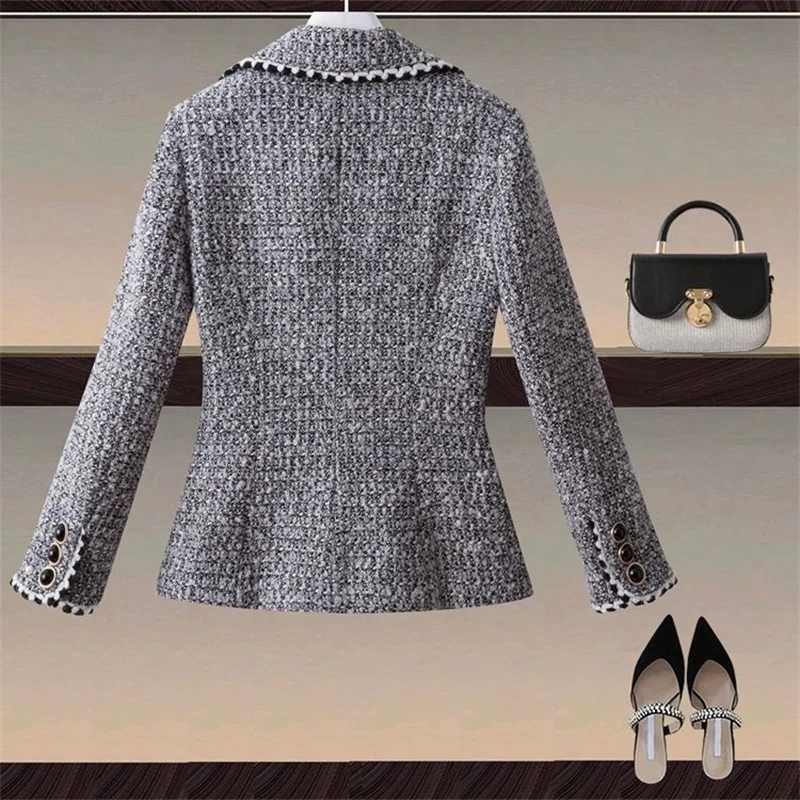 2024 New Coarse Textile Woven Woolen Blazers Small Jacket Women Autumn Winter Fashion Slim Suit Coat Lady Outerwear Blazers Tops