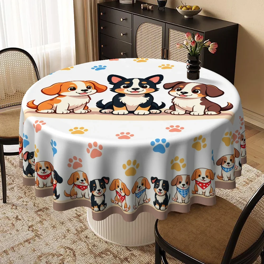 Round tablecloth, tablecloth, round tabletop cover, cute pet-themed dog and paw print pattern in colorful designxzj
