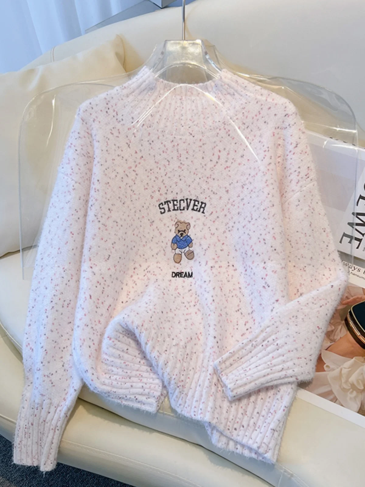 

Thiened Camere верхний свитер для девочек, осень-зима, теплый пушистый вязаный базовый слой, топ, милый дизайн с вышивкой