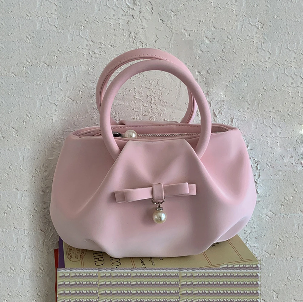 

Soft Pleated Mini Handbags Women's Special Fabric PU Leather Bow Knot Pearl Sweet Versatile Chain Crossbody Bag for Lady