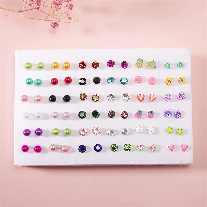 36Pair Mixed Size Colorful Crystal Stud Earrings Set Women Girls Small Plastic Clay Animals Fruit Earrings Set Jewelry Gifts