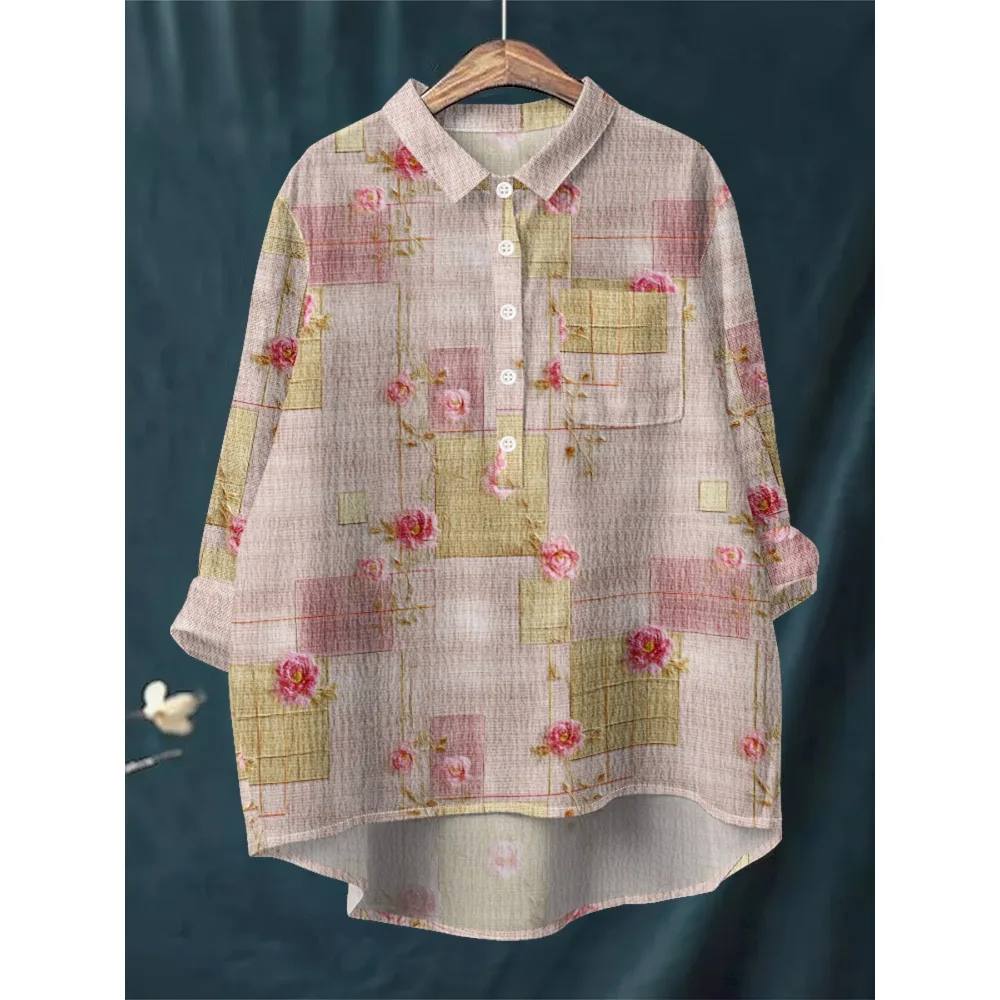 قميص نسائي أزرق أبيض مطبوع عليه زهور بأكمام طويلة نصف زر للأسفل مع حاشية غير متماثلة، قطع علوية فضفاضة ناعمة قابلة للتنفس