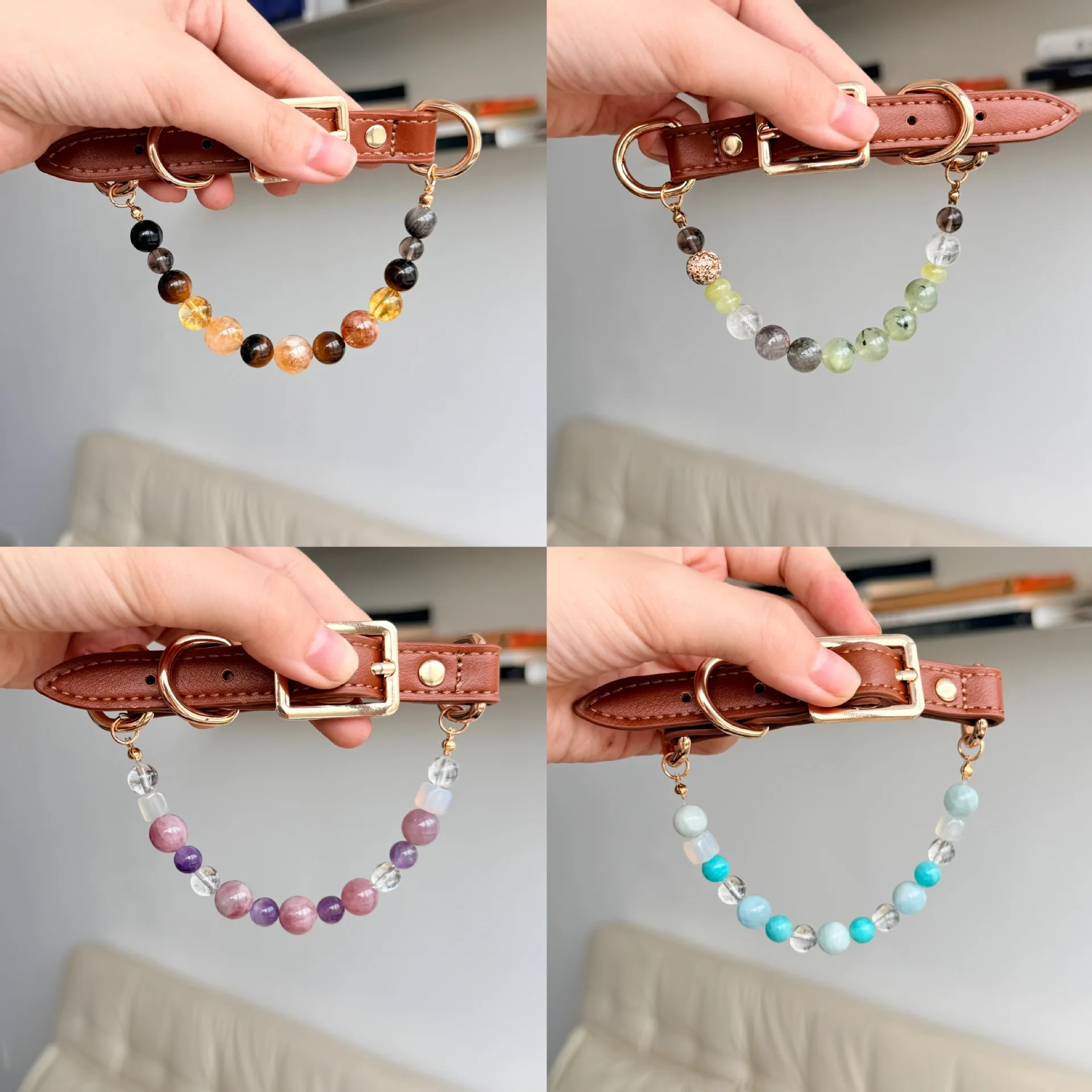 Natural Crystal Pet Collar Adjustable Leather Dog Cat Collar Four Elements Beaded Necklace Pet Decor Gift