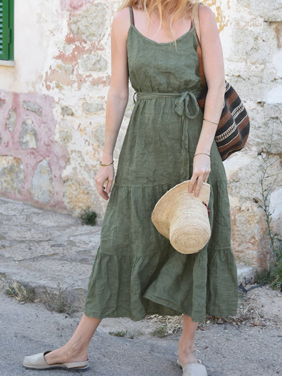 

Cotton&Linen Solid Suspender Dress Women Summer U Collar Sleeveless Lace-up A-line Vestidos Simple Casual Fashion Long Dresses