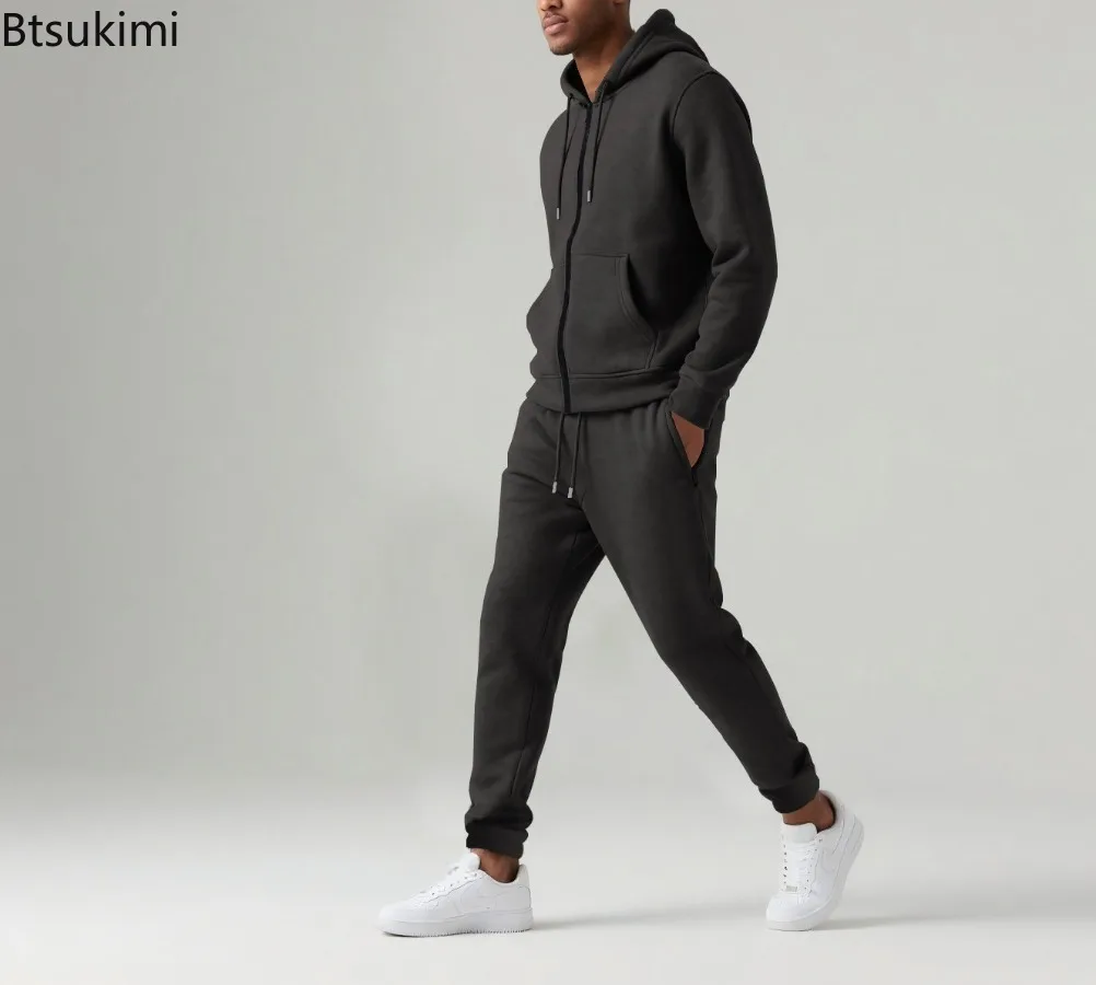 New Autumn Winter Men's Long Sleeve Pants Casual Sports Sets Fleece Warm Tracksuits Hooded Sweatshirts Sweatpants Two Piece Sets