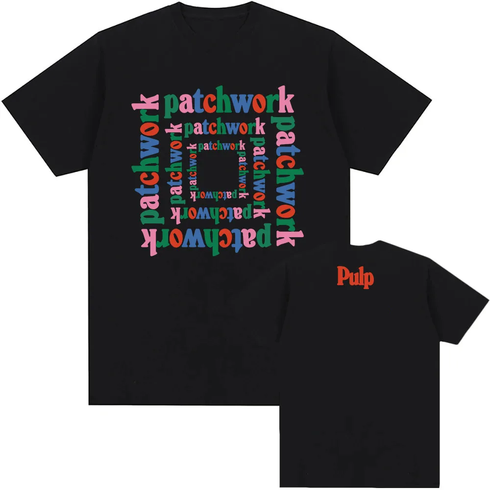 

Patchwork Repeat Logo Black T-Shirt Rock Band Pulp Printing Tshirts Summer Short Sleeve Cotton T Shirts Hip Hop Streetwear Men