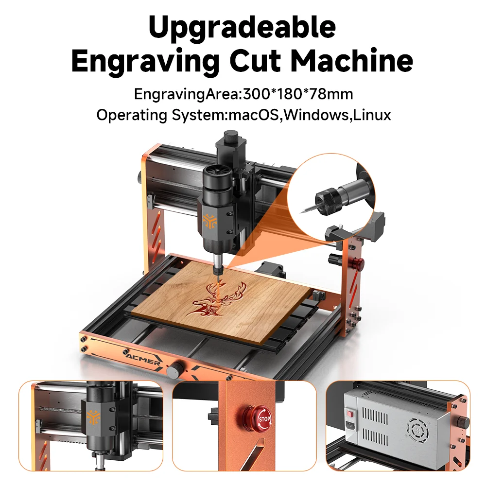 Frezarka CNC ACMER 500W do drewna/metalu/akrylu, uchwyt ER11, 300*180*78 mm, Ascarva 3S