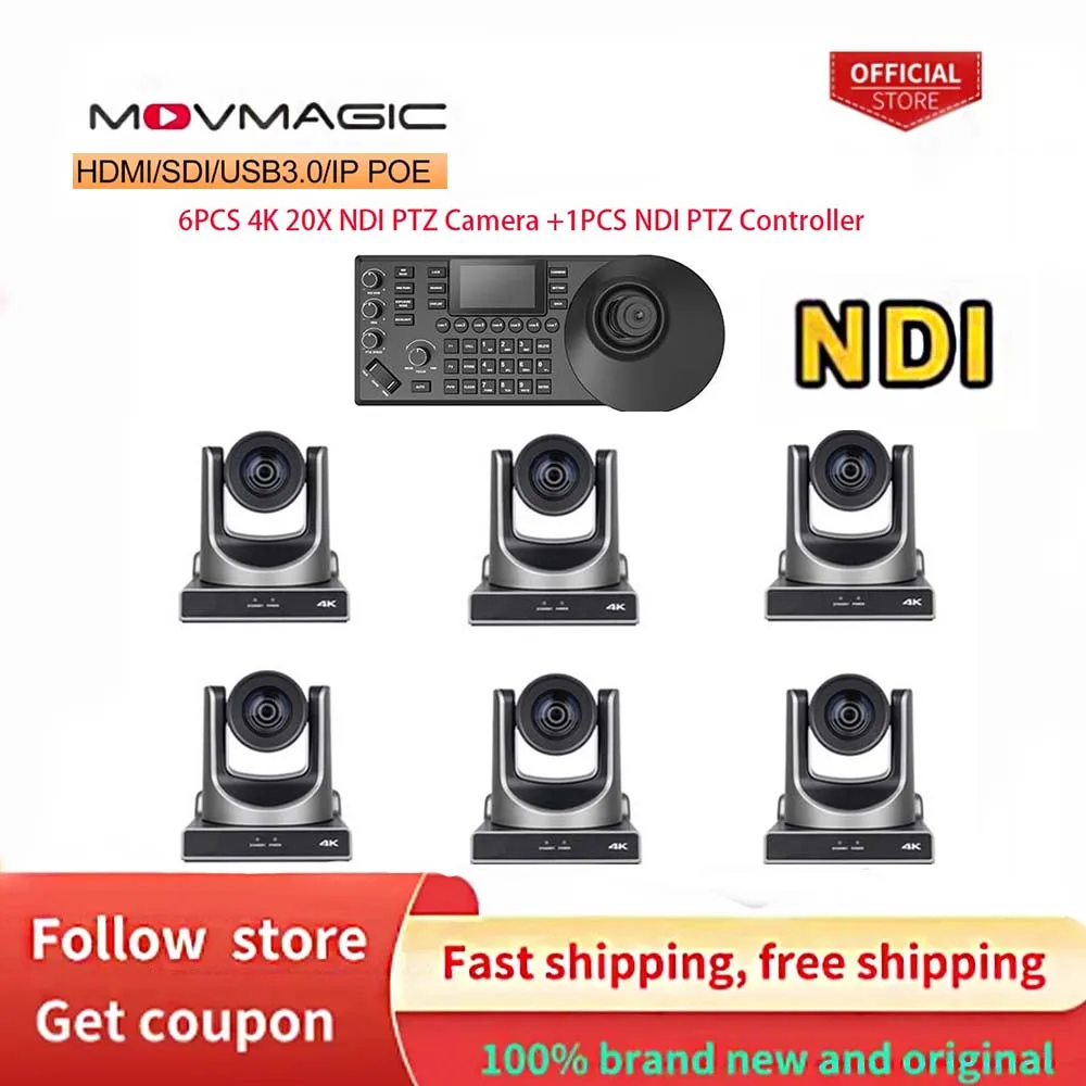 MOVMAGIC 1-6 PCS 4K60FPS NDI POE 20X Zoom AI Tracking PTZ Camera SDI HDMI USB POE IP Conference Camera +1pcs NDI POE Controller