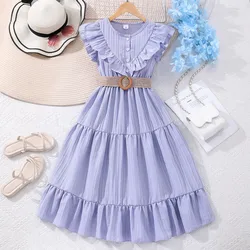 【Free Belt】Children Dress Teens Girls Clothing Short Sleeve 8 9 10 11 12 Years Summer Simple Graceful Ruffled Kids Girl Dress