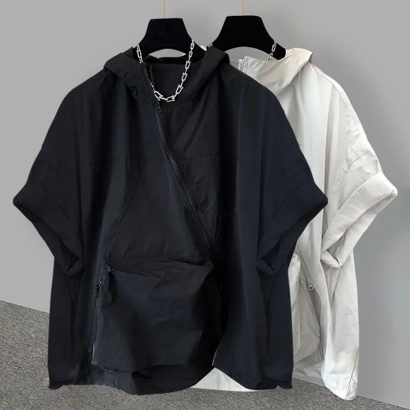 Summer New Men\'s Solid Color Hooded Spliced Pockets Zipper Casual Fashion Loose Korean Short Sleeve High Street T-shirt Tops