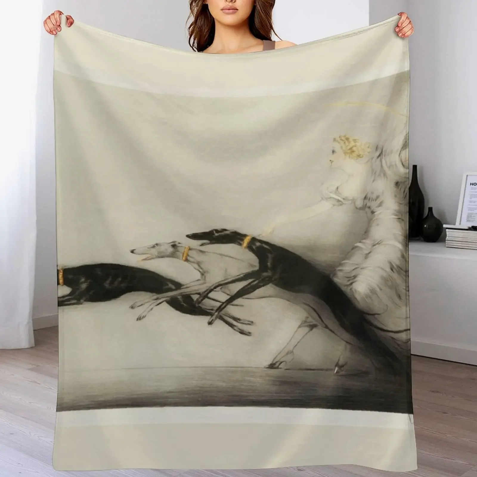 Vintage Art Deco illustration, woman walking her greyhound dogs Throw Blanket Flannels Stuffeds Polar Blankets