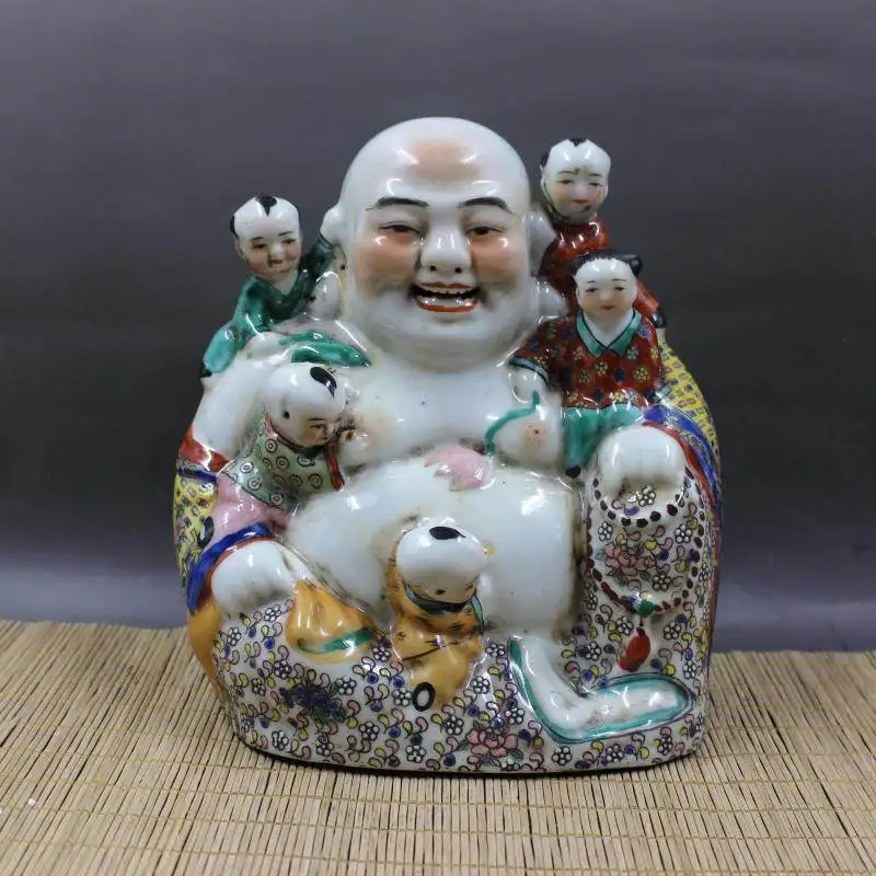 Chinese Antique Collectible Qing Guangxu Famille Rose Sculpture Five Blessing Boys Maitreya Buddha Figurine Handmade Porcelain