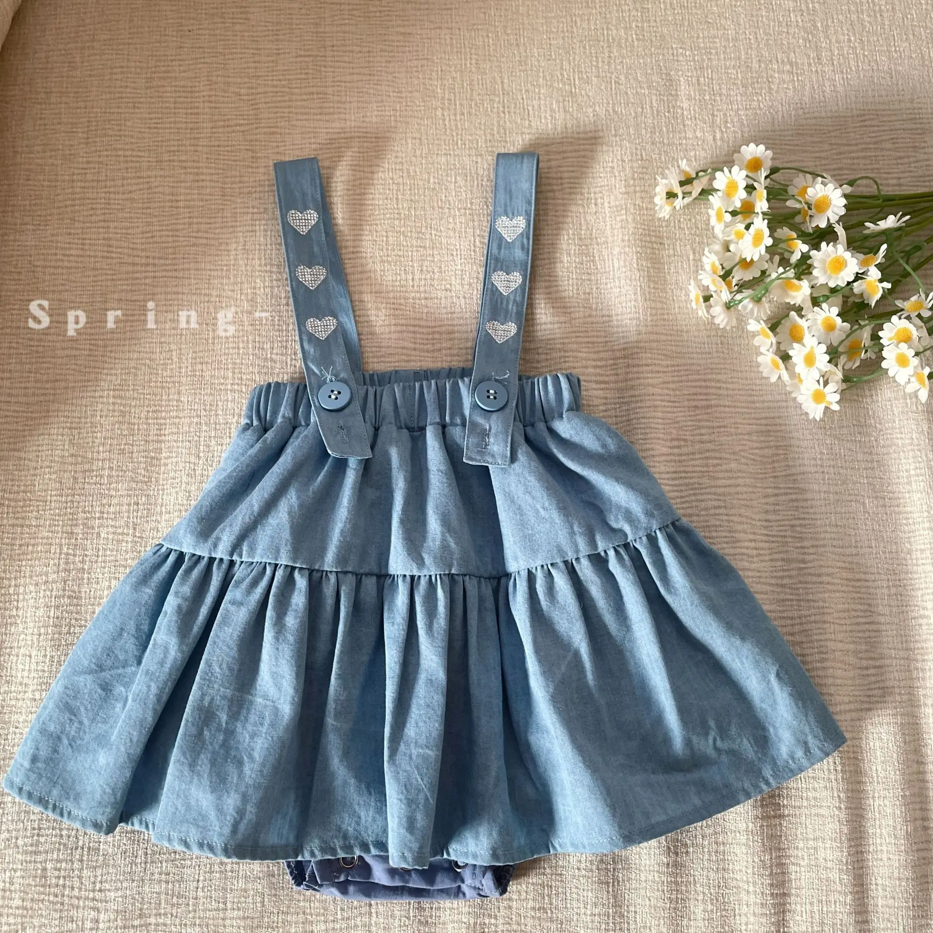 

New Infant Girls Love Pattern Jean Romper Vest Dress, Newborn Princess Kids Cute Party Birthday Dress 0-2T