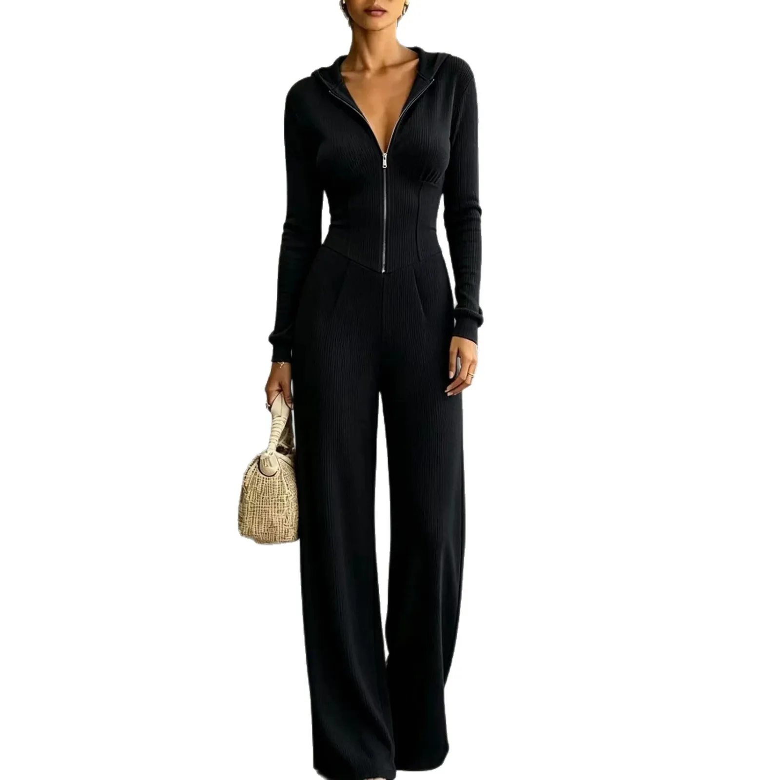 Zipper Wide Leg Pants High Waist Elegant with Medium Stretch Full Length Long Sleeve Women Jumpsuit Fresh and Sweet Autumn