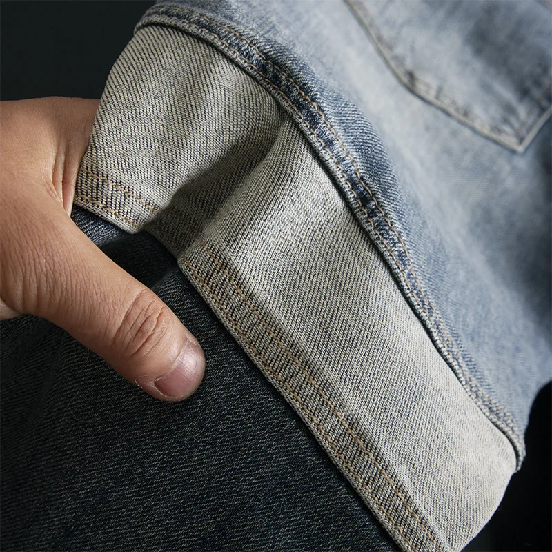 Мужские джинсы облегающего кроя, маленькие прямые эластичные джинсы контрастного цвета с нашивкой, модные трендовые длинные брюки