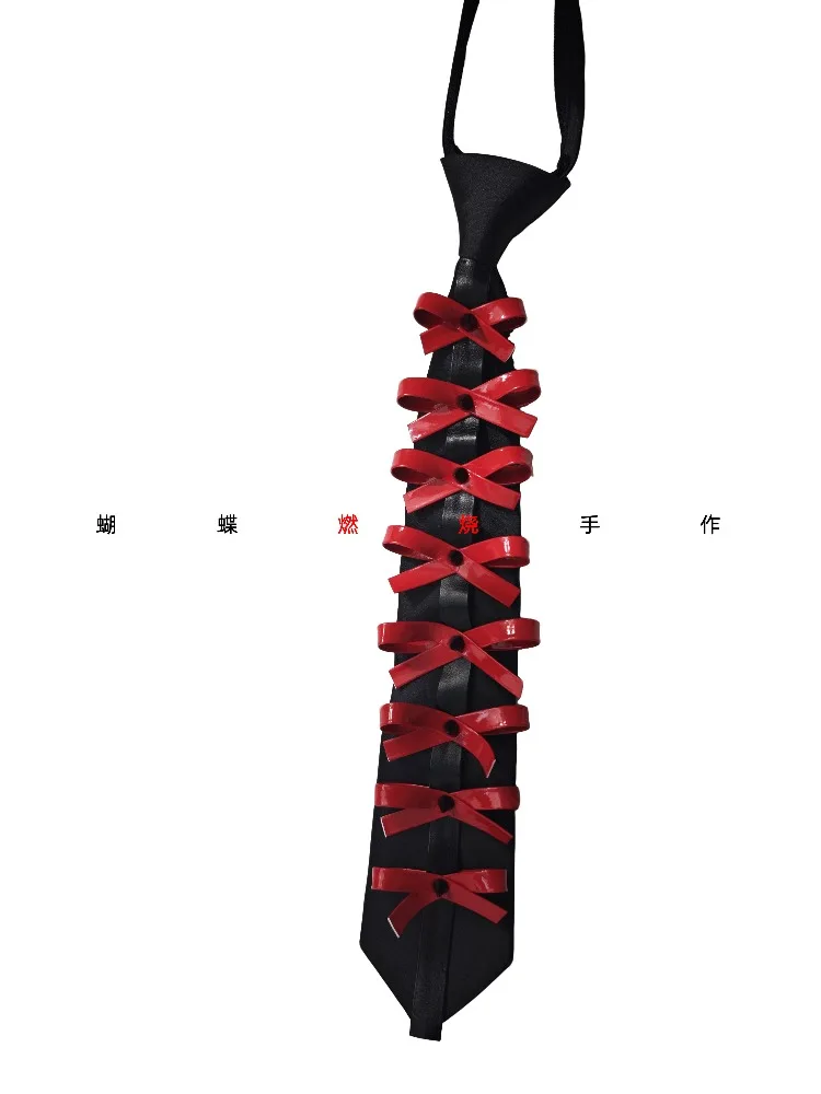ネクタイ手作り赤と黒の配色ネクタイレトロパンクロックボウネクタイメタルリベット明るい革ネクタイ