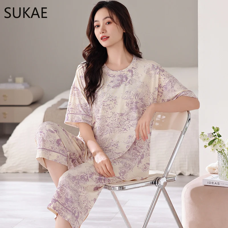 SUKAE Women Summer Calf-length Sleepwear Casual Pajamas Set Soft Cool Modal M-5XL Plus Size Pijamas for Woman Leisure Lingerie