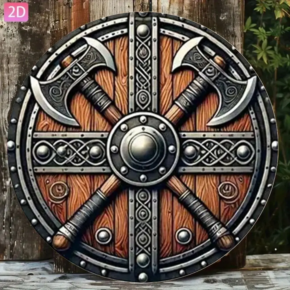 Round Metal Wall Art Poster, Retro Viking Shield Decor, 3D Relief Emblem for Home & Garage