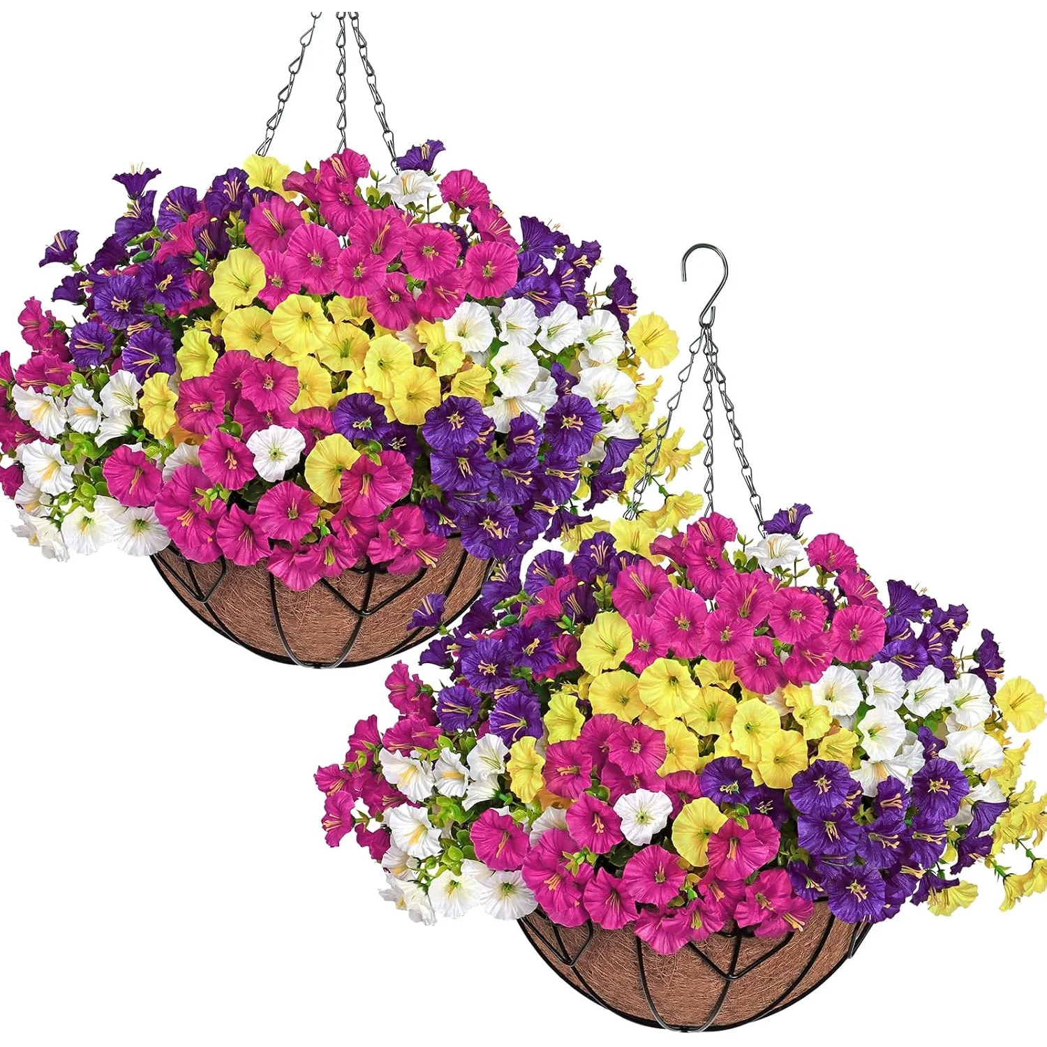 

2 Set Morning Glory Hanging Basket- UV Resistant Artificial Silk Flowers in White Yellow Purple, Spring Summer Porch& Garden Dec