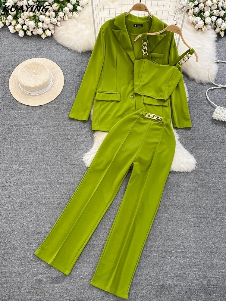 Korean Fashion Women Pantsuits Vintage Blazer Jackets Spaghetti Strap Vest Straight Pants 3 Pieces Set Female Formal Outfits New