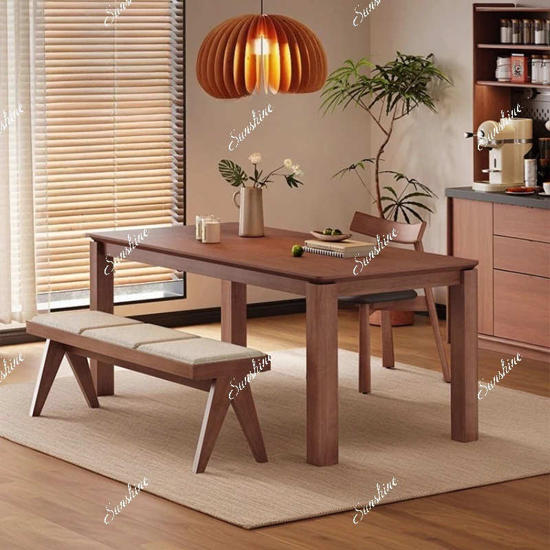 

Medieval solid wood dining table rectangular walnut color, modern simple log large board table for home use