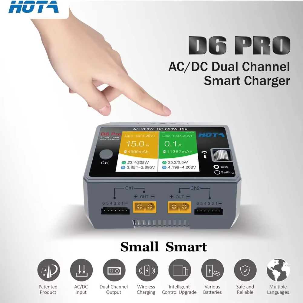 HOTA Smart Battery Charger D6 Pro Black, AC 200W DC 2x325W 15A Discharger Dual Channel LiPo Charger for RC Drone Spare Parts - Image 6