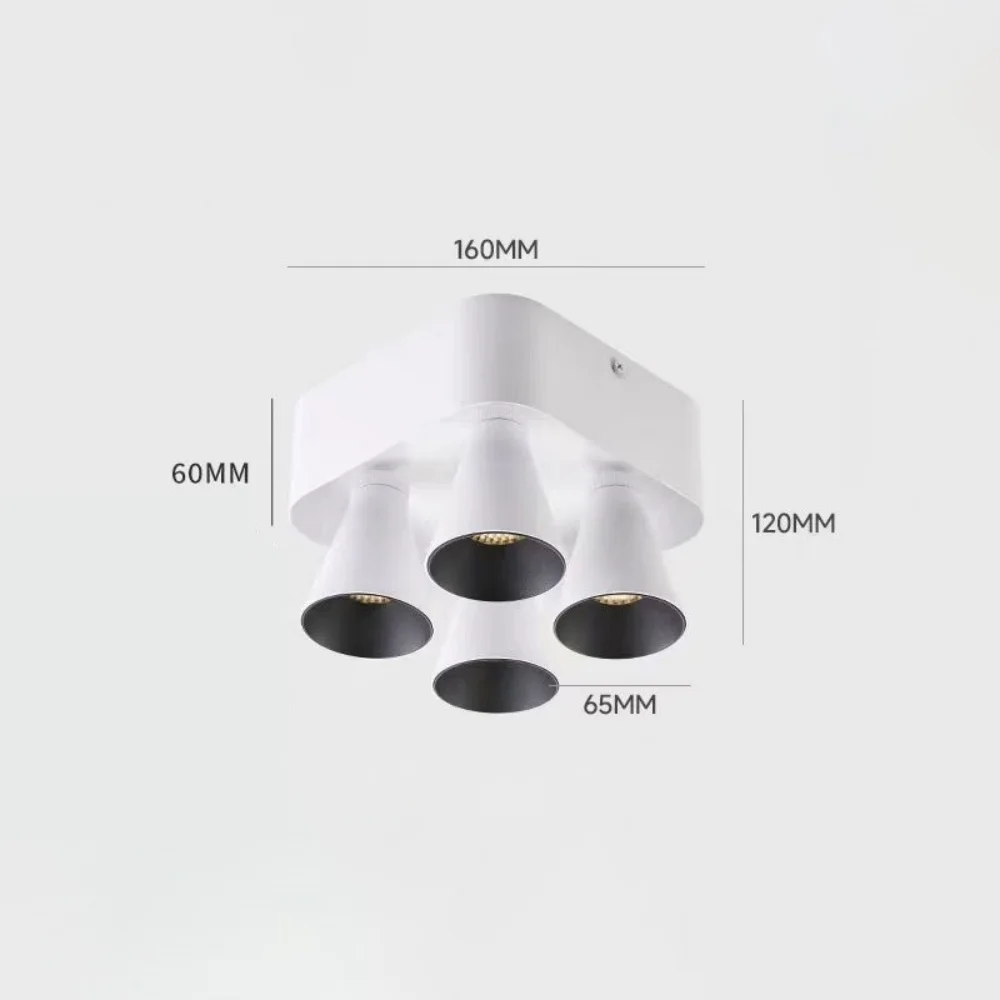 LED surface mounted spotlights, horns, adjustable angles, ceiling lights, dimming, indoor decoration, living room, kitchen