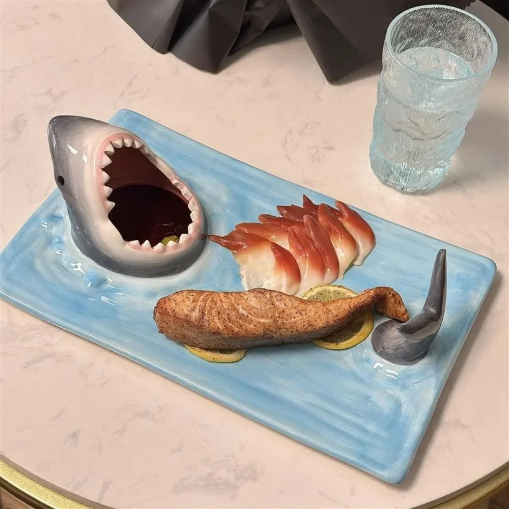 Funny Creative Shark Shape Plate Decorative Ceramic Sushi Platesfor Dessert Cheese Snacks Fruits Vegetable Home Decor Gifts