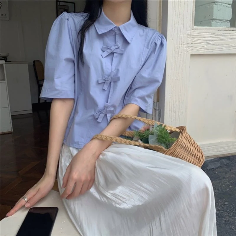 Shirts Women Sweet Summer Bow Solid Korean Style Y2k Crop Tops Fashion Ins Preppy Girl Puff Sleeve Hotsweet Casual Camisas Mujer