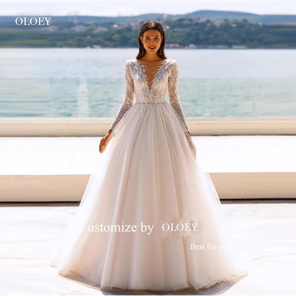 OLOEY Modest Glitter A Line abiti da sposa maniche lunghe collo trasparente Tulle lunghezza del pavimento abiti da sposa scintillanti Vestido de novia