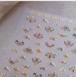 5D Floral Pattern Totems Vintage Gold Lotus Auspicious Colored Cloud Nail Art Sticker Chinese Style Self Adhesive Manicure Decal