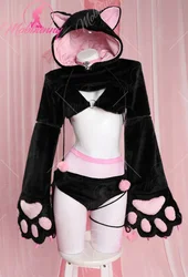 Mobbunny Women Furry Paw Cosplay Costume Sexy Lingerie Set Kawaii Plush Black Cat Style Paw Gloves Hoodie Top and Bra Panty Set