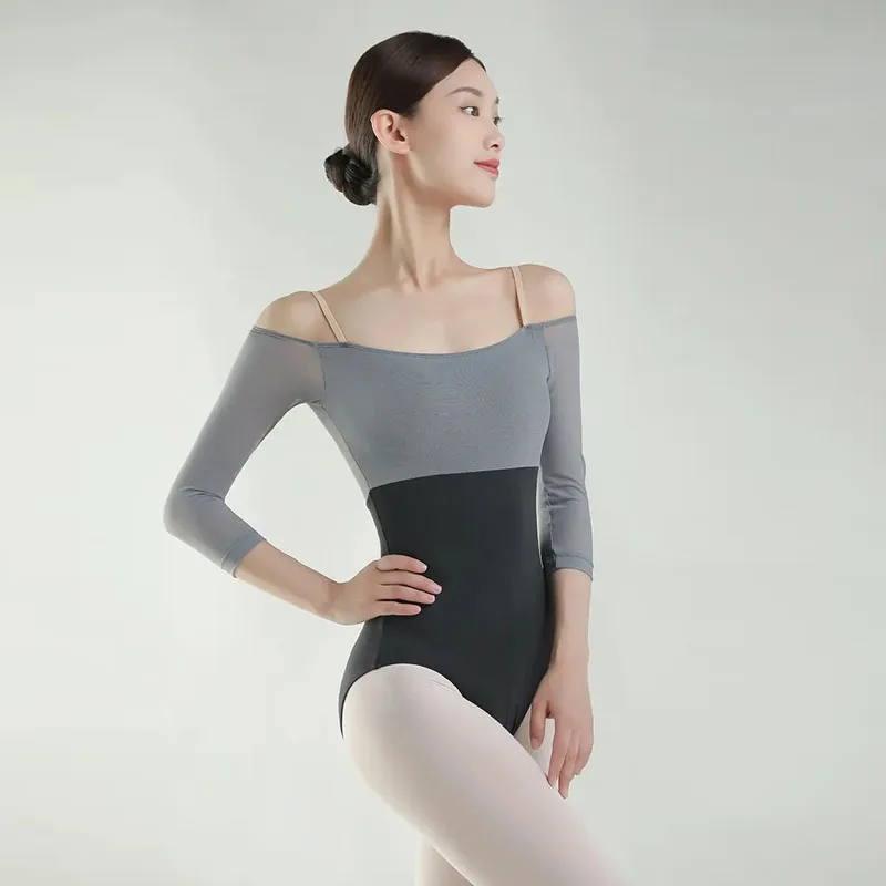 Sexy three-quarter off-shoulder sleeves Ballet Leotards For Women mesh stitching Adult Swimsuit for Dancing Ballerina Costume