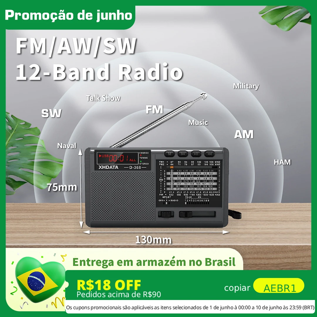 XHDATA D-368 Rádio Portátil FM AM SW Ondas Curtas MP3 Player Estéreo com Entrada para Cartão TF USB e Alto-falante 4Ω 3W - Envio Rápido do Brasil