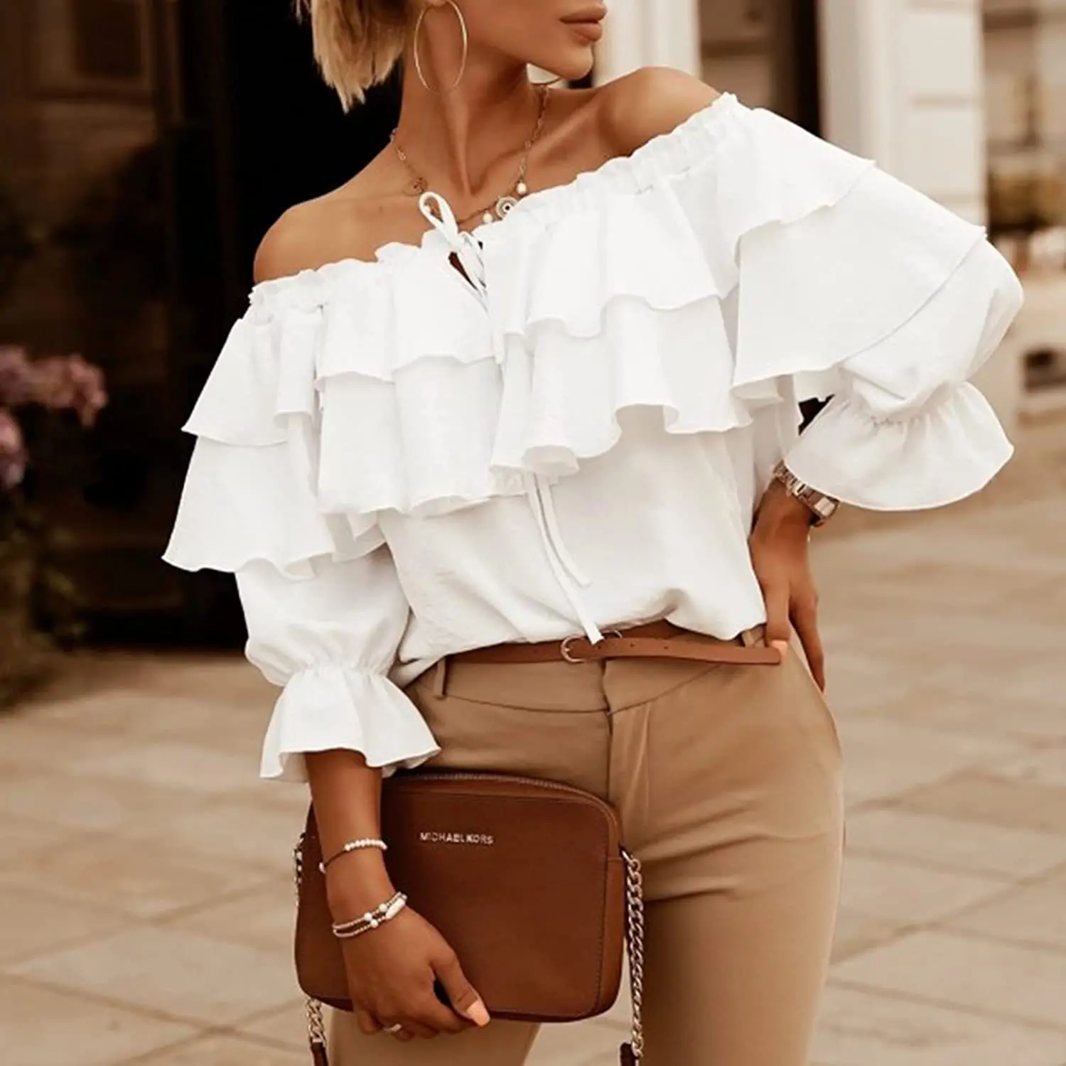 

Mandylandy Off-Neck Chiffon Shirt Tops Women Elastic Shoulder Tied Lotus Leaf Top Blouses Casual Loose Long Sleeve Solid Tops