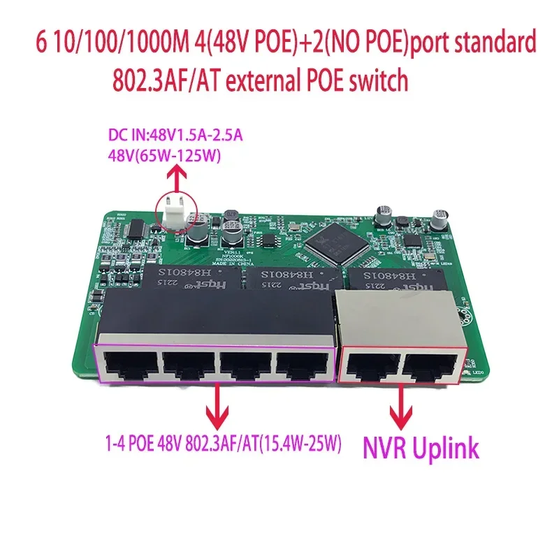 6 portas 10/100/1000M 4 portas 802.3AT/AF POE 48V com uplink de 2 portas/nvr