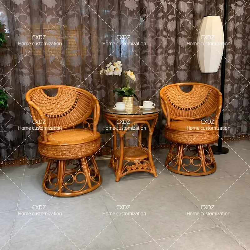 Natural Real Rattan Chair and Coffee Table Set 3 Piece Living Room Balcony Furniture Casual Woven Single Swivel Armchair with