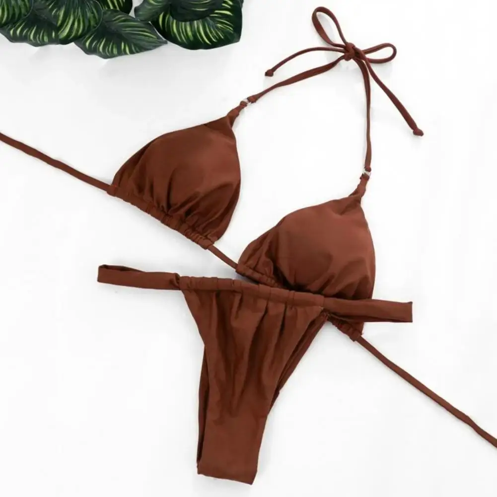 2 Pcs/Set Women Bikini Set Pleated Solid Color Lace Up High Waist Spaghetti Strap Swimming Halter Neck Push Up Bathing Suit Wate