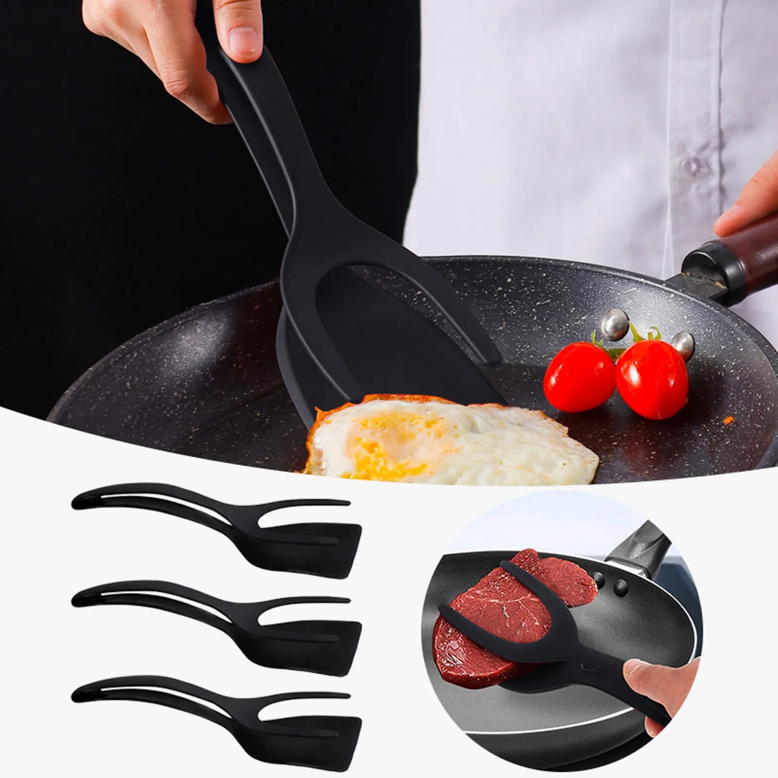 

2 In 1 Grip And Flip Spatula Tongs Egg Tong Pancake Fish French Omelet Making For Home Kitchen Silicone Baking Mat Sheets