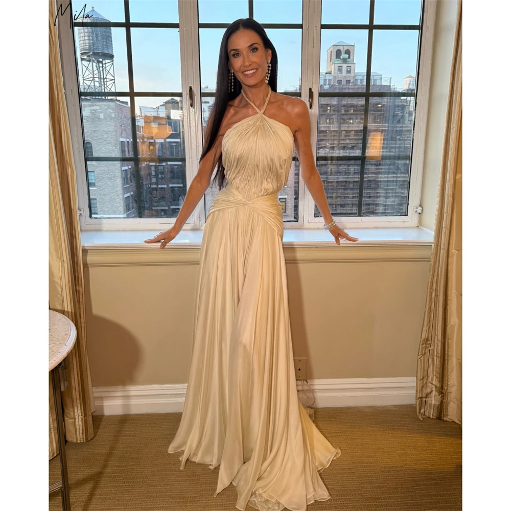 

Mila Customized A-line Champagne Halter Neck Multilayer Pleats Prom Dress Elegant Formal Evening Floor-length Vestidos De Fiesta