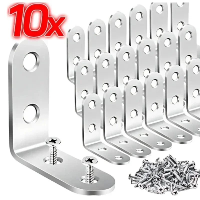 

L Bracket Stainless Steel Corner Brace Sets 90 Degrees Right Angle Bracket With Screws For Wooden Shelves Chairs 10PCS